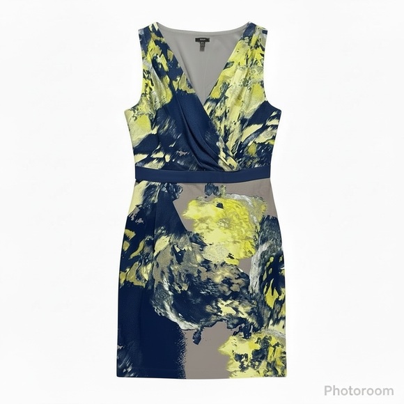 Jacob Dresses & Skirts - Elegant Sleeveless Jacob Dress in Yellow and Blue Abstract Pattern